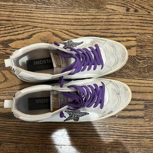 Golden Goose glitter star with purple laces Midstars size 9.5